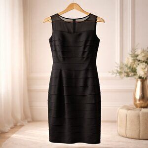 Jones Wear Black Tiered Ruffle Sheath Midi Dress Illusion Neckline NWT Size 10